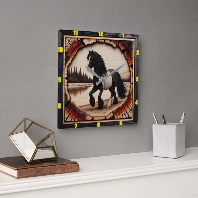 Riverside Trot: Charred Wood Gypsy Vanner Fyrkantig Klocka (Kontor)