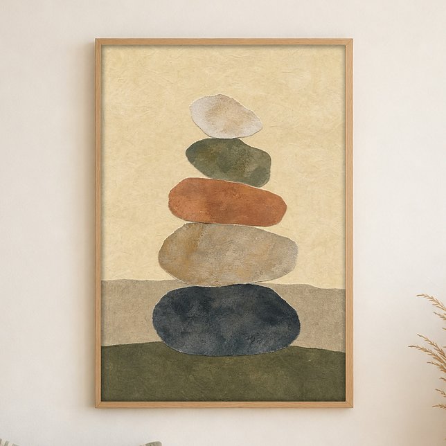 Riverstone Stack Gouache Boho Art Affisch (Shown framed for scale. Poster ships unframed; frames are an optional add-on.)