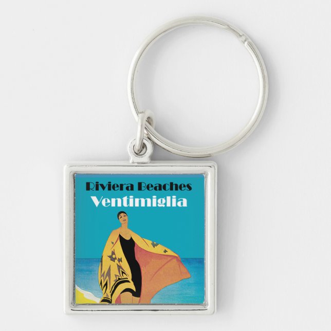 Riviera Beacher ~ Ventimiglia Fyrkantig Silverfärgad Nyckelring (Framsidan)