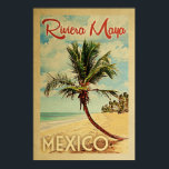 Riviera Maya Handflatan Träd Vintage resor Poster<br><div class="desc">En unik och modern Riviera Maya-konst i mitten av århundradet i vintage resor poster stil. Den har en böjd handflatan träd på sandstranden med hav under ett blått grumligt himlar.</div>