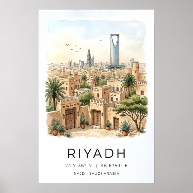 Riyadh Skyline Tryck Watercolor Stadssiluett med (Framsidan)