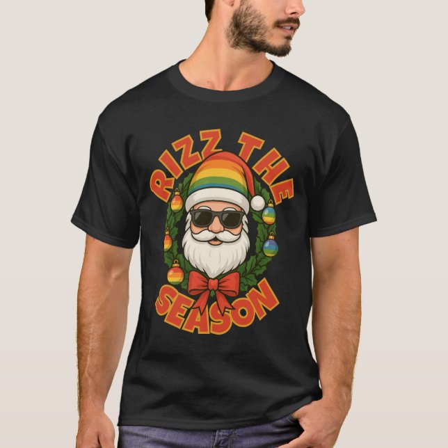 Rizz The Season Trendy Christmas Gay Rainbow Santa T Shirt (Framsida)