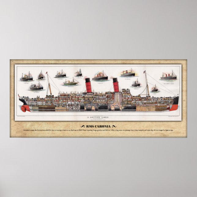 RMS CARONIA (1905) Cutaway/Inboard Profile Poster (Framsidan)
