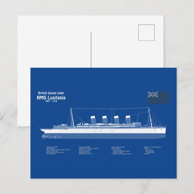 RMS Lusitania - Frakt Blueprint Plans ABD Vykort (Fram/baksida)