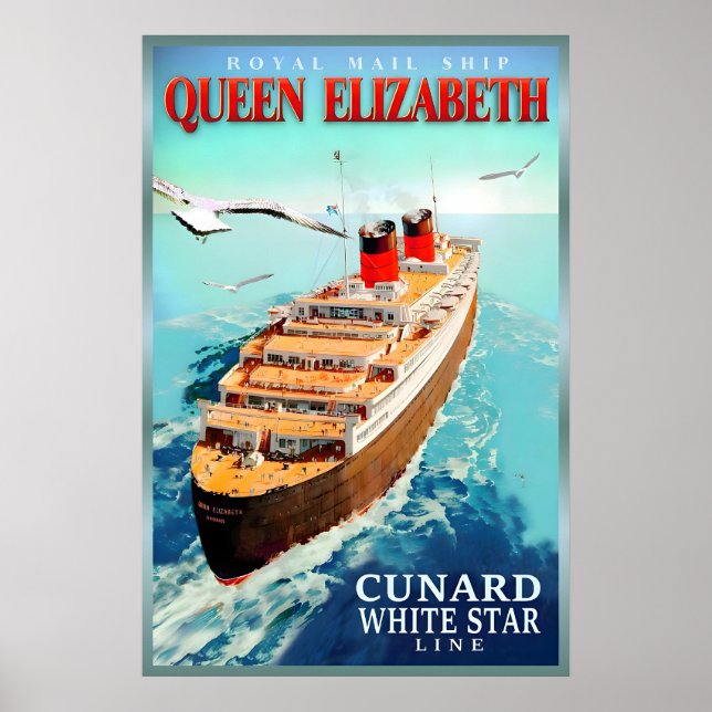 RMS Queen Elizabeth Ny Retro Fartygsaffisch Cunard Poster (Framsidan)