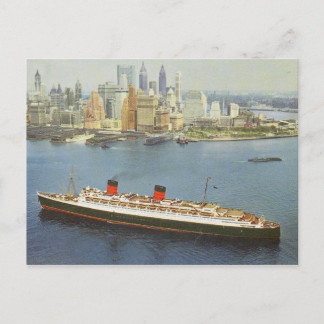 RMS Queen Elizabeth Sailing New York Harbor Vykort (Framsida)