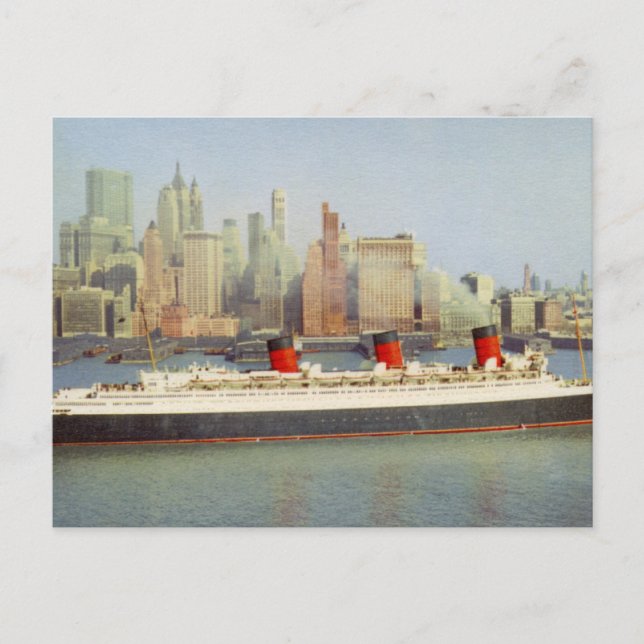 RMS Queen Mary Sailing New York 1950's Vykort (Framsida)