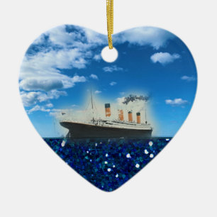 RMS Titanic Glittering Blue Sea Photo Namn Datum Julgransprydnad Keramik