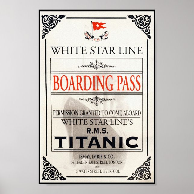 RMS Titanic White Star Line Boarding Pass Poster (Framsidan)