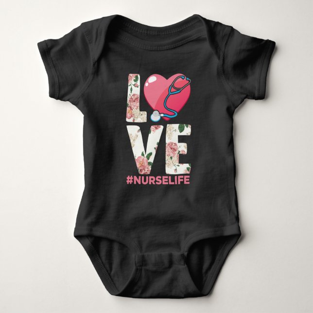 RN Nurse Life Flower Sjukvårdare Stethoscope Heart T Shirt (Framsida)