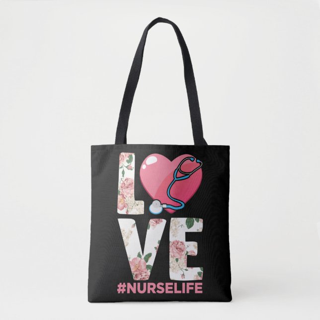 RN Nurse Life Flower Sjukvårdare Stethoscope Heart Tygkasse (Framsida)