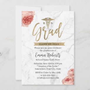RN Nurse Studentfest Blommigt White Marble Inbjudningar