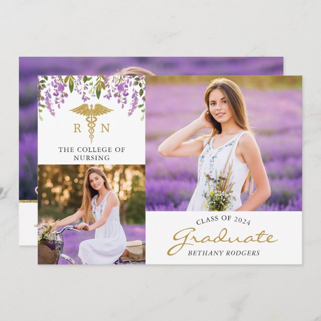 RN Nursing Blommigt Studenten 3 Fotomeddelande Inbjudningar (Fram/baksida)
