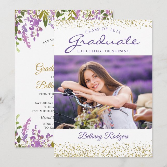 RN Nursing Studenten Lila Blommigt Guld Photo Inbjudningar (Fram/baksida)
