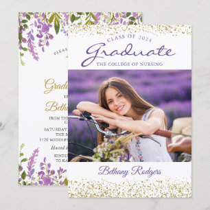 RN Nursing Studenten Lila Blommigt Guld Photo Inbjudningar