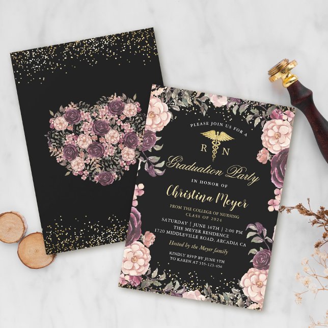 RN Nursing Studentfest Burgundy Blommigt Black Inbjudningar (Skapare uppladdad)