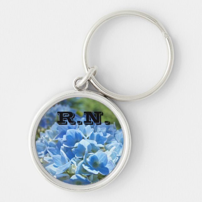 RN-nyckelkedjor Blue Hydrangea Flowers Nurses Rund Silverfärgad Nyckelring (Framsidan)
