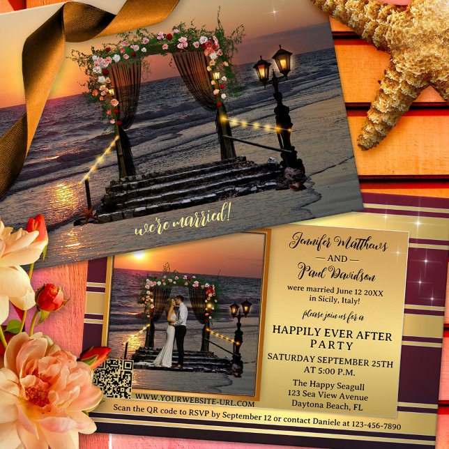 Ro Arbor Beach efter fotoinbjudan till Bröllop Inbjudningar (Happily ever after wedding invite showing a sunset on the beach with a rose arbor and string lights)