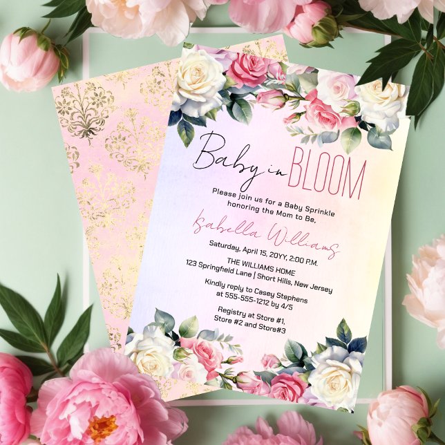 Ro Baby i Bloom Blommigt Baby Sprinkle Inbjudningar (Pink Roses Baby in Bloom Girl Baby Sprinkle Invitation)