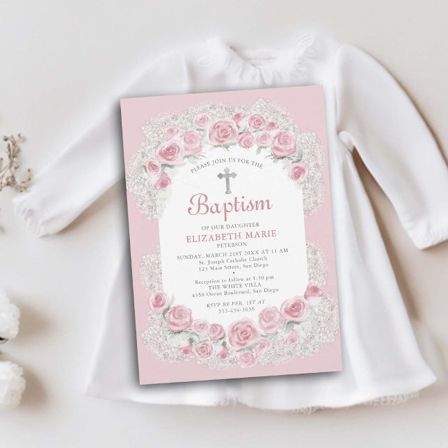 Ro Baby Rosa Utandning Vit Elegant Flickor Baptism Inbjudningar (delicate roses babys breath floral frame baby girl baptism christening invitation elegant classy)