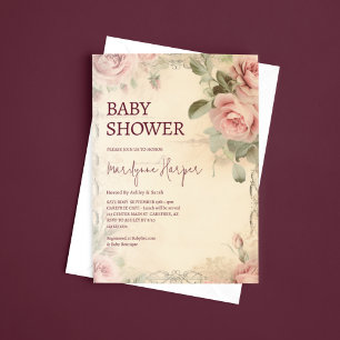 Ro Baby Shower för vacker Blommigt Vintage Inbjudningar