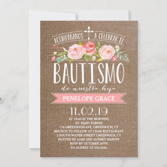 Ro Banner Burlap | Spanska Bautismo Inbjudningar (Framsida)