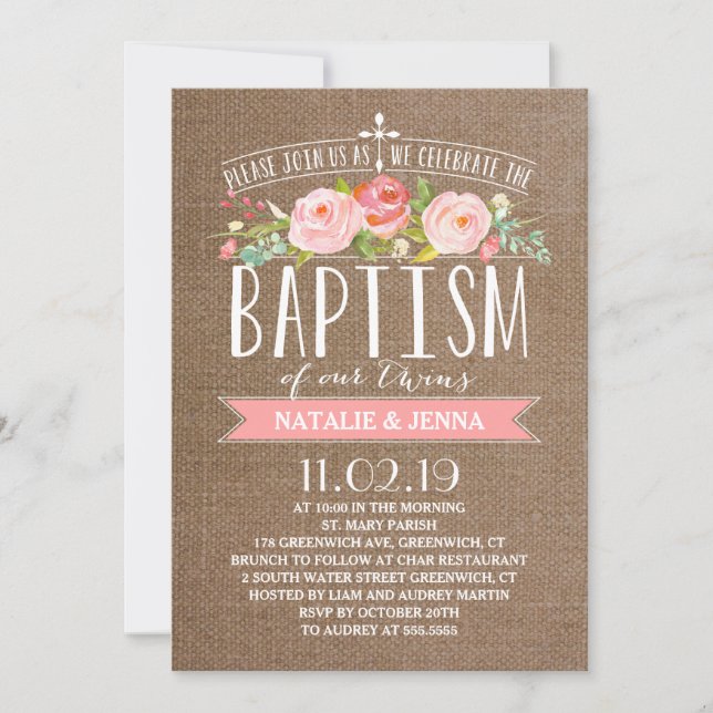 Ro Banner Burlap | Twillingar Baptism-inbjudan Inbjudningar (Framsida)
