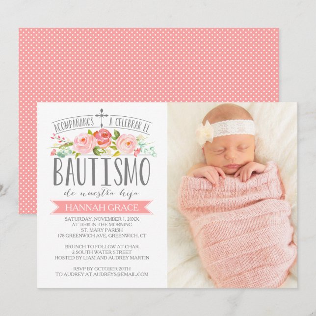 Ro Banner Rosa med foto | Spanska Bautismo Inbjudningar (Fram/baksida)