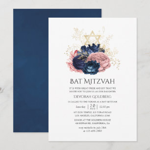 Ro Bat mitzvah Vintagen för marin blå och Rosa Inbjudningar