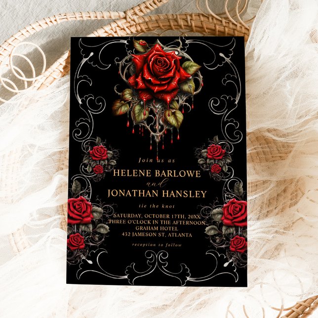 Ro Black Blommigt Moody Gothic Bröllop Inbjudningar (Rose Black Floral Moody Gothic Wedding Invitation)