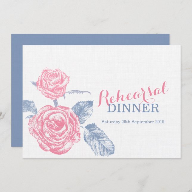 Ro bläck sketch blue rosa rehearsal middag inbjuda inbjudningar (Fram/baksida)
