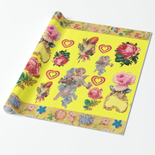 RO, BLOMMAR, FJÄDRAR, ÄNGLAR OCH HJÄRTOR I GULT PRESENTPAPPER