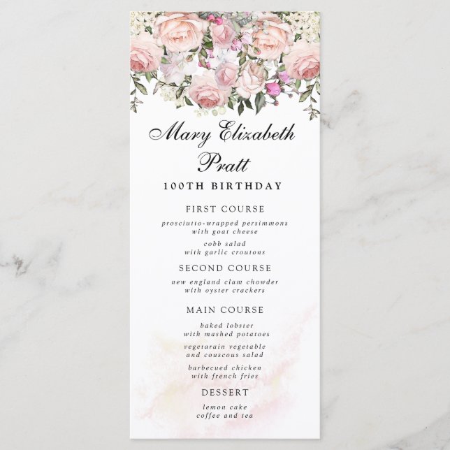 Ro Blommigt 100th Birthday Menu Meny (Framsida)