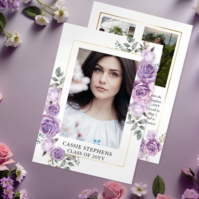 Ro Blommigt 4 Fotokollage Guld Ram Studenten Meddelande (Elegant Lavender Rose Floral 4 Photo Collage Faux Gold Frame Graduation Announcement)