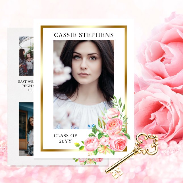 Ro Blommigt 4 Fotokollage Guld Ram Studenten Meddelande (Rose Floral Four Photo Collage Gold Tone Frame Graduation Announcement for Print | Download)