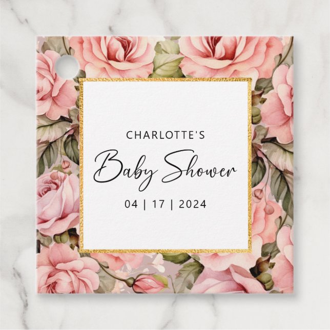  Ro Blommigt Baby Shower Gåvor Etiketter (Framsida)