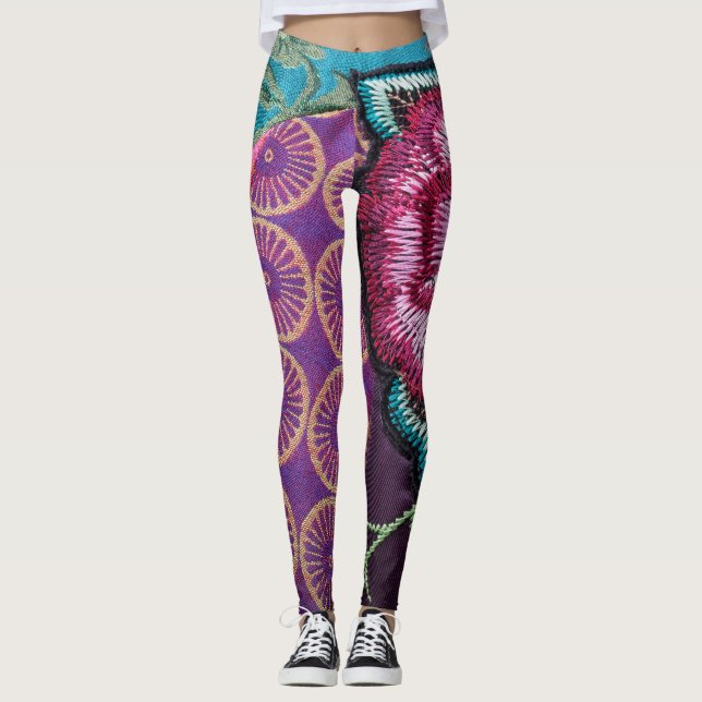 Ro blommigt boho lila rosa teal guld leggings (Framsida)