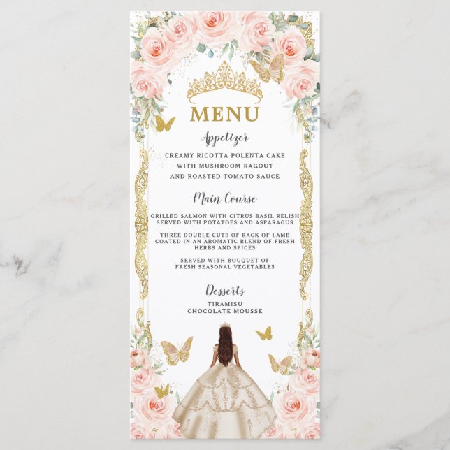  Ro Blommigt Champagne Dress Quinceañera Menu Program (Framsida)
