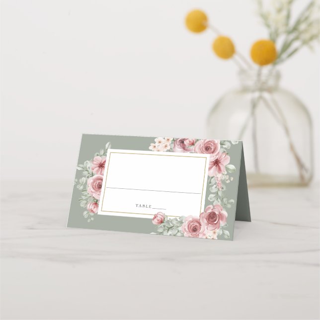 Ro Blommigt Elegant Sage Grönt Bröllop Placeringskort (Framsida)