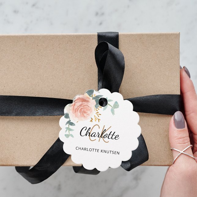 Ro blommigt eucalyptus monogram namn märkre gåvor etiketter (Skapare uppladdad)