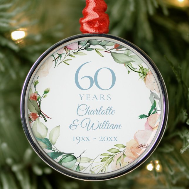 Ro Blommigt Garland 60-årsdagen Bröllop Julgransprydnad Metall (Roses Floral Garland 60th Wedding Anniversary Metal Ornament)