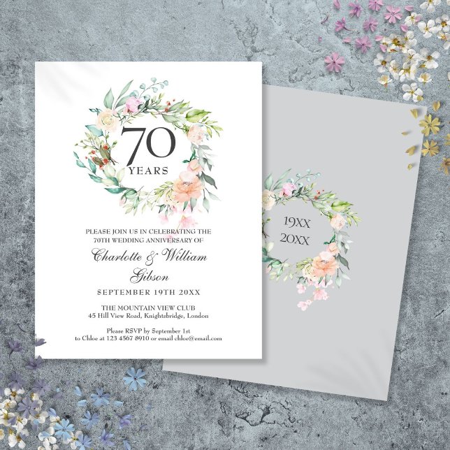 Ro Blommigt Garland 70 Bröllop-årsdagen Inbjudan Vykort (Roses Floral Garland 70th Wedding Anniversary Invitation Postcard)