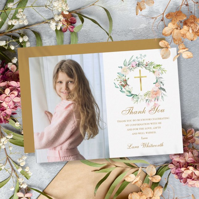 Ro Blommigt Garland Confirmation Photo Guld Skript Tack Kort (Rose Floral Garland Confirmation Photo Gold Script Thank You Card)