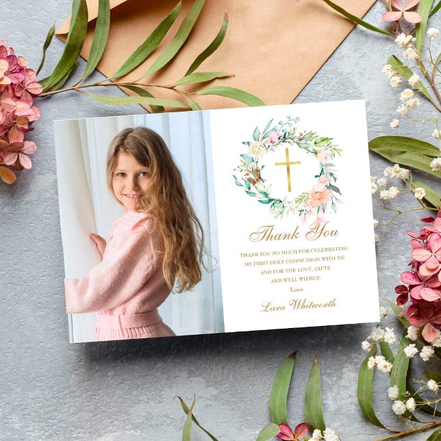 Ro Blommigt Garland First Heliga Communion Photo Tack Kort (Skapare uppladdad)