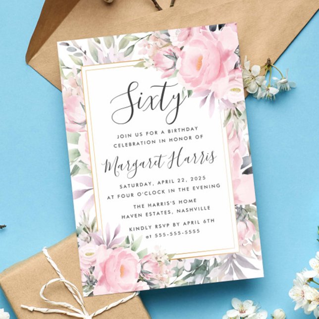  Ro Blommigt Guld Ram 60:e födelsedag vid 60:e föd Inbjudningar (Skapare uppladdad)