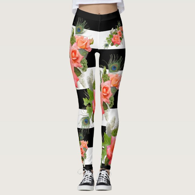Ro Blommigt, kantad Mönster Peacock Feathers Leggings (Framsida)