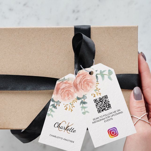 Ro blommigt monogram business QR Instagram märkre Presentetikett (Skapare uppladdad)