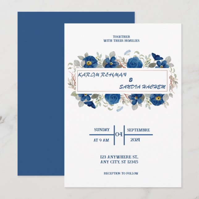 Ro Blommigt Navy Blue Bröllop Inbjudningar (Fram/baksida)