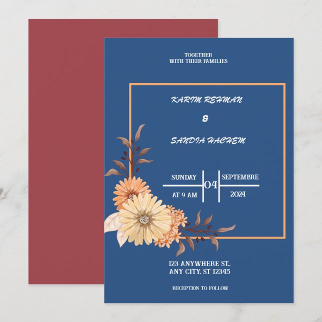 Ro Blommigt Navy Blue Bröllop Inbjudningar (Fram/baksida)