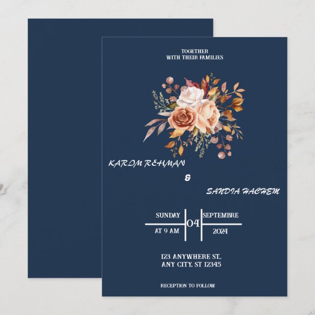 Ro Blommigt Navy Blue Bröllop Inbjudningar (Fram/baksida)